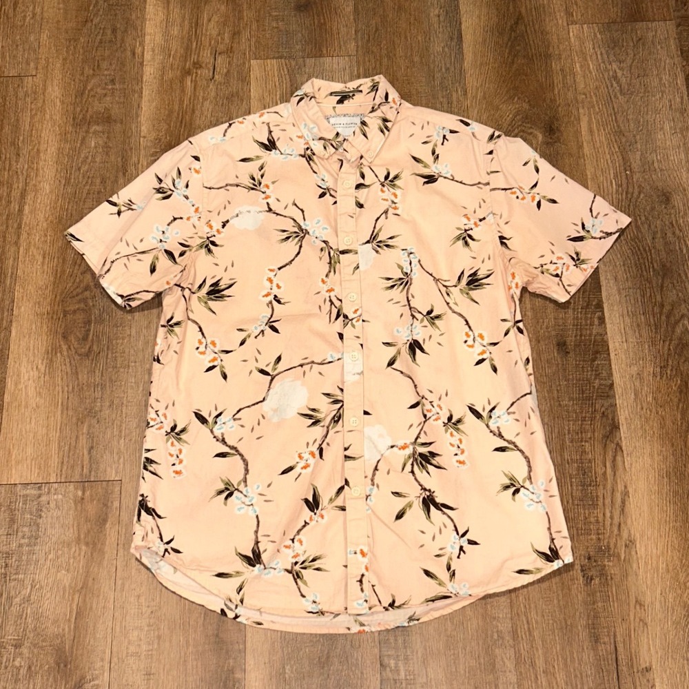 Denim & Flower Ricky Singh Mens Medium Slim Fit Peach Floral Short Sleeve Shirt